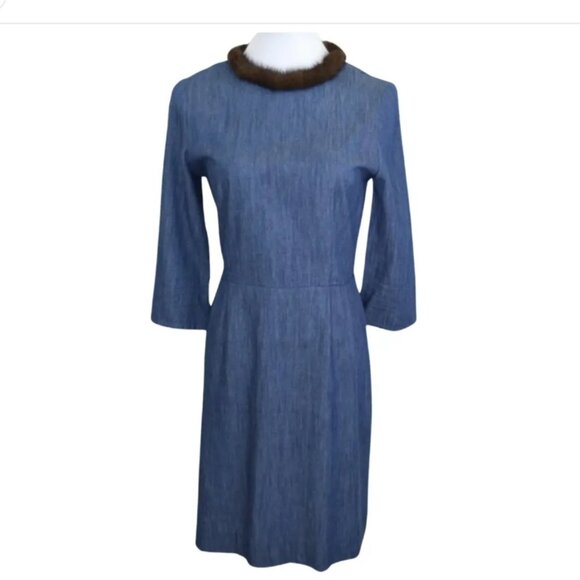 Vilagallo Midi Chambray Dress With Removable Mink Collar NEW WITH TAGS 3… - Picture 1 of 7